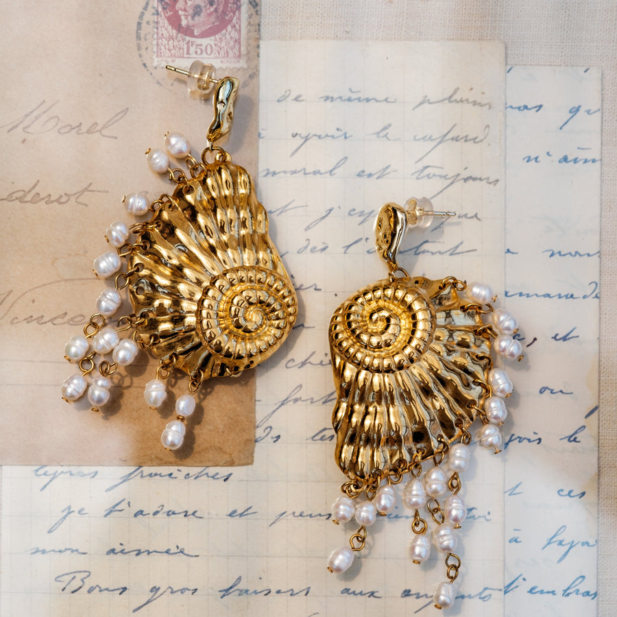 Grand Seashell Pearl Statement Earrings