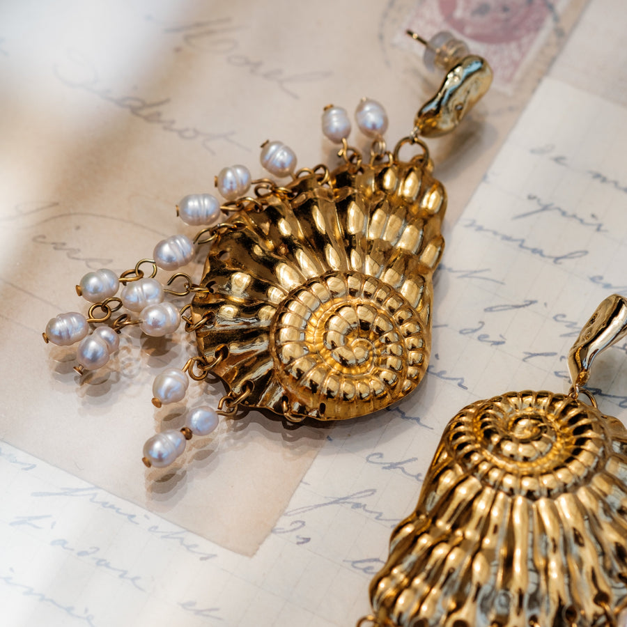 Grand Seashell Pearl Statement Earrings